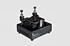 Black Raspberry Pi programming jig with clamps and adjustment posts on a white background