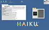 Haiku Beta 6 showing the deskbar at its default top right, the About box, and the Pulse CPU monitor showing 8 cores