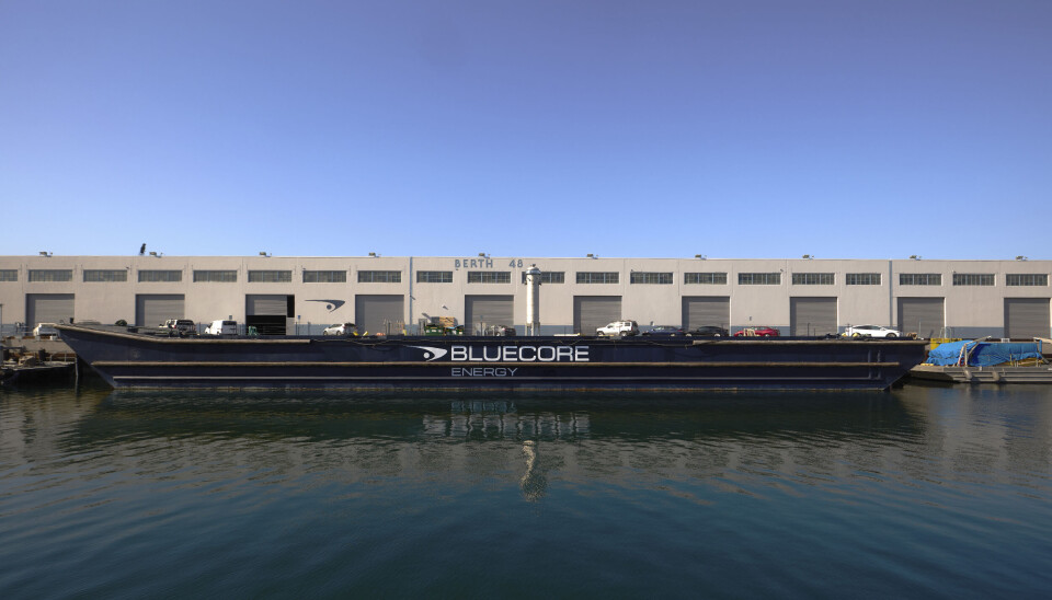 A Bluecore barge moored at the company's headquarters in the Port of Long Beach, California