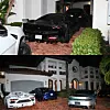 This picture shows the exotic cars rented by Malone Lam and his cybercrime crew parked outside luxury residences. It includes a black Ferrari, a blue BMW, and other supercars parked in front of a large white house.