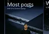 A presenter stands beneath a slide showing a laptop and the phrase “The Most ports ever on a Surace Laptop.”