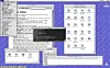 Vintage desktop screenshot with overlapping menus, file windows, text, and a terminal on a purple background